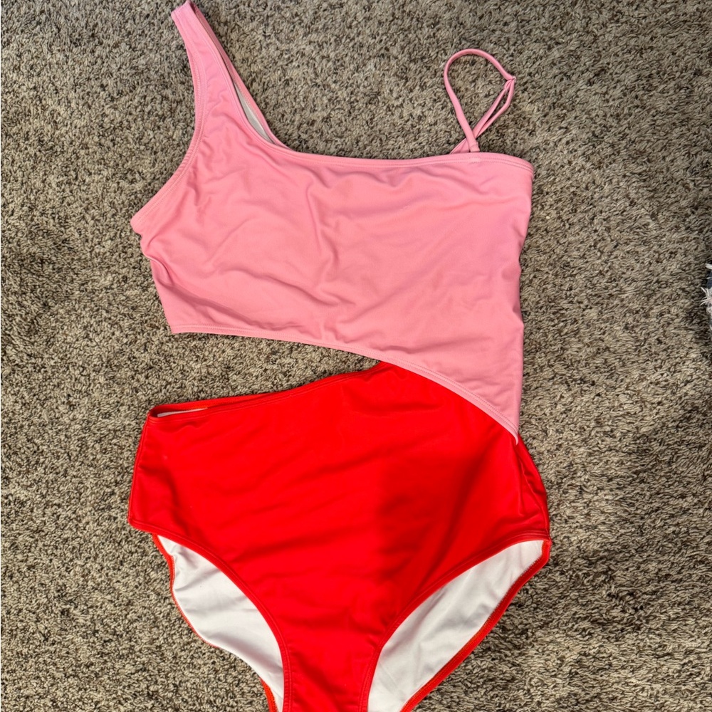 Pink and Red One-Shoulder Swimsuit